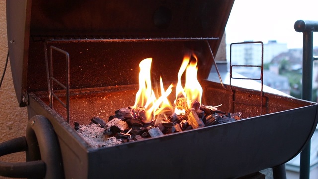 用木炭烧烤。准备烧烤，特写火焰视频素材