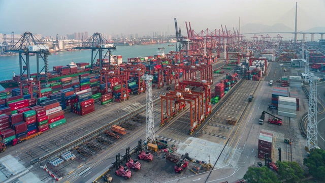 香港进出口业务物流中使用起重机装载集装箱的国际港口的昼夜延时(放大)视频素材