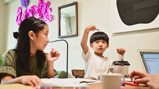 孩子们在家里学习。母亲在家工作教学习。视频素材