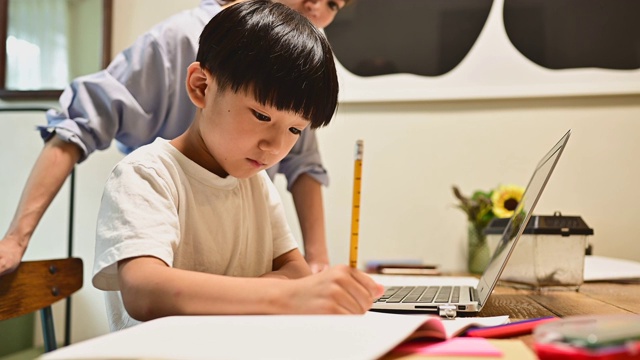 一个用笔记本电脑在家学习的儿子。他的母亲教学习。视频素材