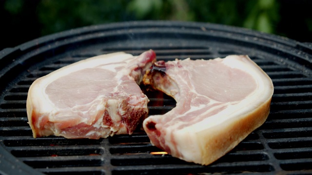 新鲜的猪肉是烤的。视频素材