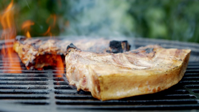 烤骨头上的香猪肉排。视频素材