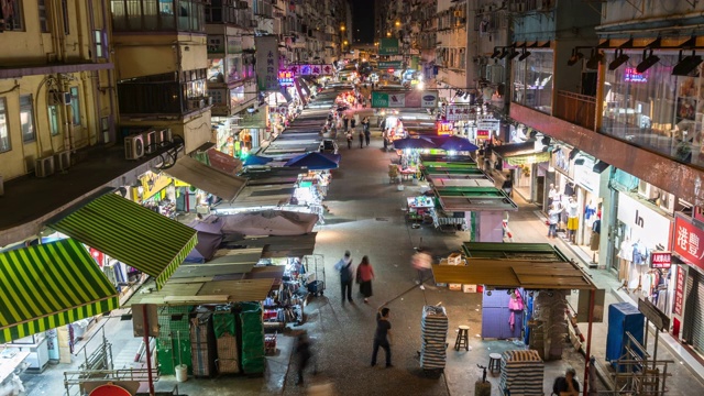 时光流逝:一群人在香港孟角区参观当地的集市视频素材
