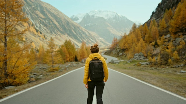 在史诗般的秋山中徒步旅行的女旅行者视频素材