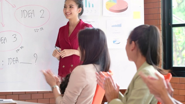 亚洲女企业家在领导会议上发表业务报告，解释项目战略，在白板上画感恩，多民族人群在公司会议室鼓掌喝彩。视频素材