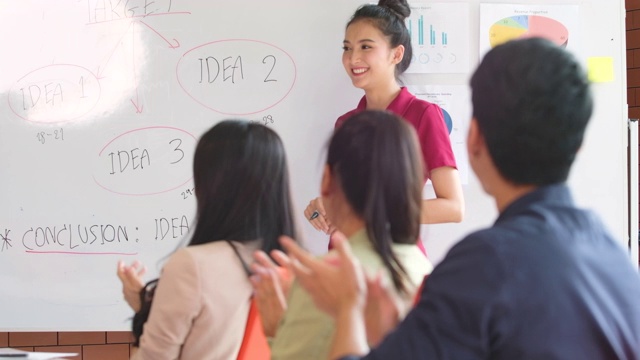 亚洲女企业家在领导会议上发表业务报告，解释项目战略，在白板上画感恩，多民族人群在公司会议室鼓掌喝彩。视频素材