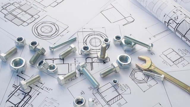 科学，力学和机械工程。以工程图纸为背景的螺栓和螺母。视频素材