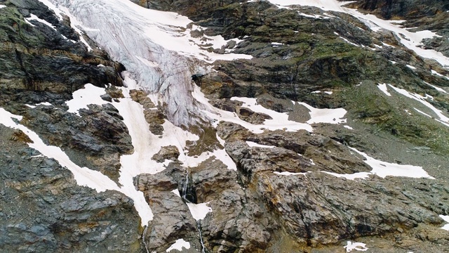 阿尔卑斯山上的冰川。鸟瞰图与冰和雪之间的岩石。环境、气候变化和全球变暖4K视频素材