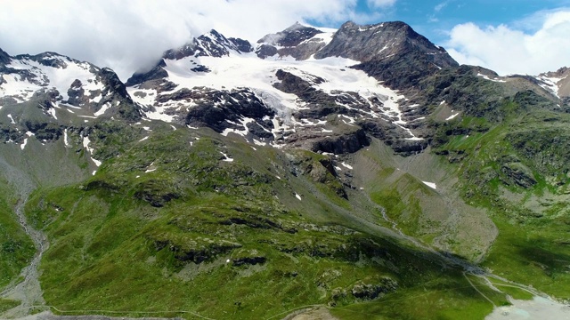 在蓝天下，瑞士山上的冰川和一个蓝色的湖。环境、气候变化和全球变暖，用4K无人机鸟瞰图视频素材