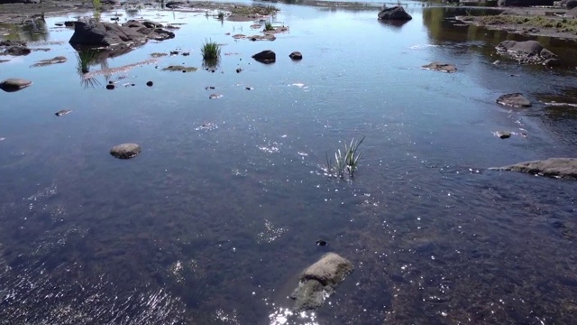 俯视图的河流从山区流过岩石地形，飞行四轴飞行器逆流而上。视频素材