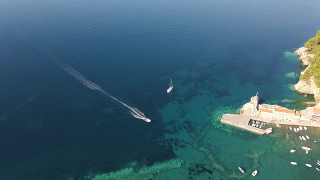 无人机在夏季的海滩-快艇靠近海岸视频素材