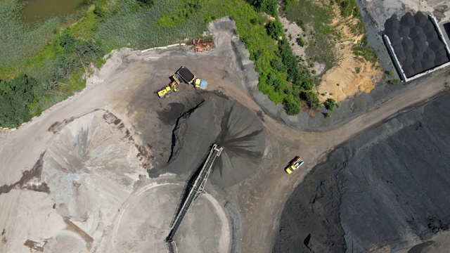 俯视图高空露天矿，采掘业正为煤炭装车视频素材