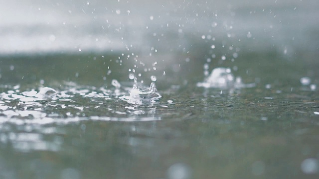 下雨了。水滴落入水坑。视频素材