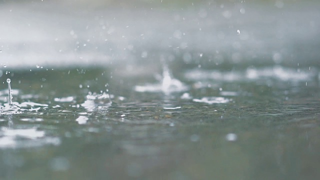 外面正在下雨。雨滴落在水坑里视频素材