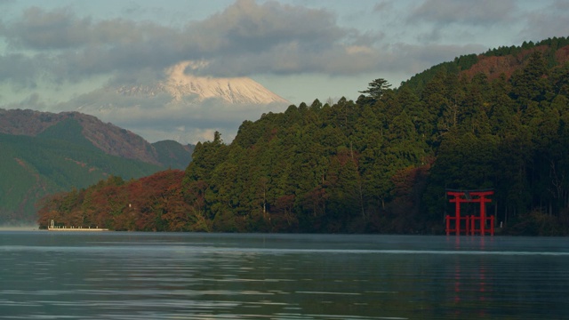 富士山景色中的宁静湖泊视频素材