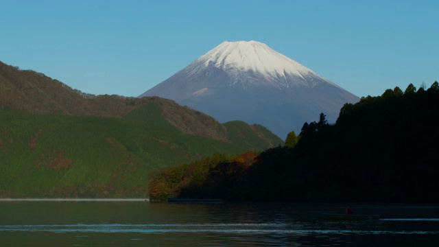 远处的川口湖上的富士山。小船在湖面上划行。视频下载