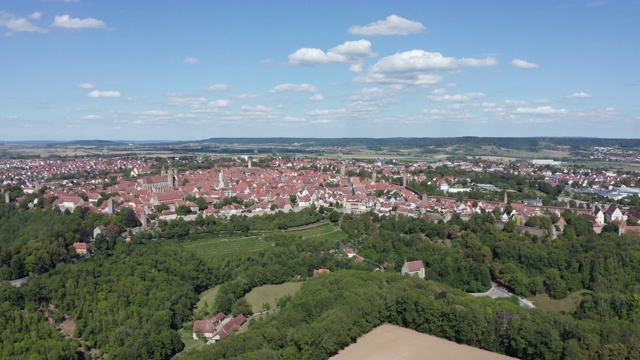 鸟瞰图的中世纪老城Rothenburg ob der Tauber，飞行。Rothenburg ob der Tauber，浪漫路，中弗兰科尼亚，弗兰科尼亚，德国巴伐利亚州。视频素材