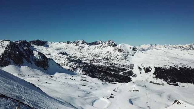 在安道尔的格兰德瓦利拉滑雪胜地沿着滑雪斜坡平稳移动的鸟瞰图。壮丽的雪山和蓝天。冬天的风景视频素材