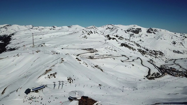 在安道尔的格兰德瓦利拉滑雪胜地沿着滑雪斜坡平稳移动的鸟瞰图。壮丽的雪山和蓝天。冬天的风景视频素材