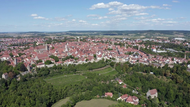 鸟瞰图的中世纪老城Rothenburg ob der Tauber，飞行。Rothenburg ob der Tauber，浪漫路，中弗兰科尼亚，弗兰科尼亚，德国巴伐利亚州。视频素材