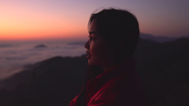 在阳光和雾中，一个年轻女子在山上看风景的剪影。带着相机独自旅行的背包客。假日旅游和度假概念。视频素材