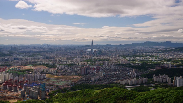 韩江和乐天世界大厦的日间视图，在市中心的Jamsil / Songpa-gu，首尔，韩国视频素材