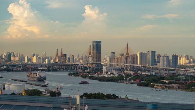 Bhumibol Bridge and Chao Phraya River aerial view of Time lapse of the structure of suspension architecture concept, Urban city, Bangkok.普密蓬大桥和湄南河悬索桥鸟瞰图，曼谷城市。日落时分的泰国市中心。视频素材