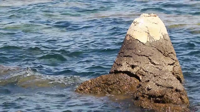 美丽的蓝色水面和岩石与移动的海浪视频下载