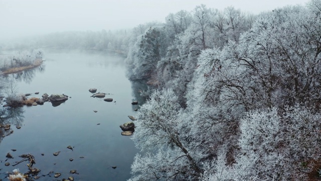 河边雪白的森林。在冬天，飞过水边被雪覆盖的树木。冬季自然景观。鸟瞰图。视频素材