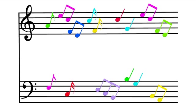 彩色音符跳跃在乐谱上，3D渲染视频素材
