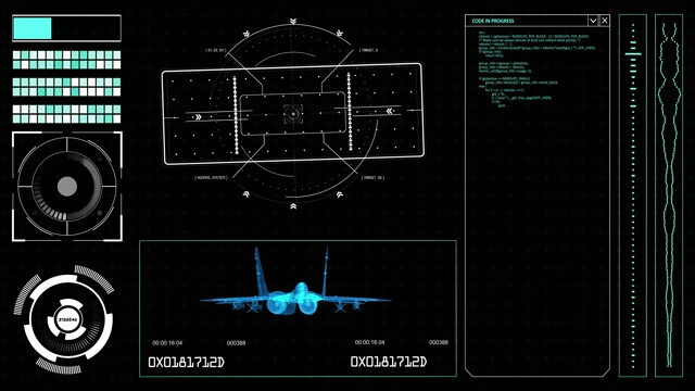 未来HUD元素在电脑上显示军用飞机方案，导航系统和代码在屏幕上。高科技的插图视频素材