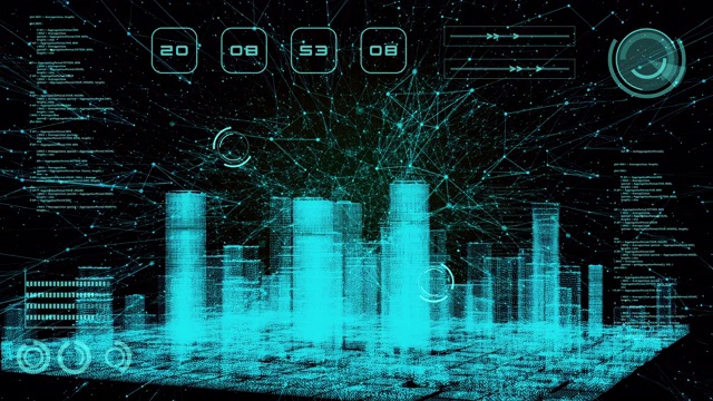 智能世界技术数字智慧城市3D建筑建筑全息图扫描UI显示器屏幕HUD物联网人工智能，安全能源能源技术未来背景视频素材