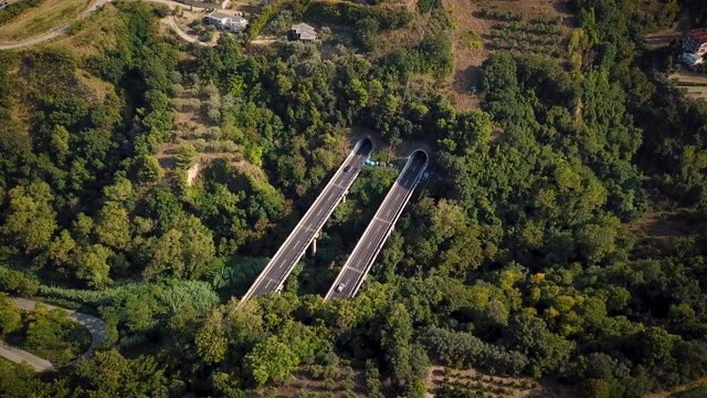 以上鸟瞰图，公路在大自然中绿树成荫视频素材