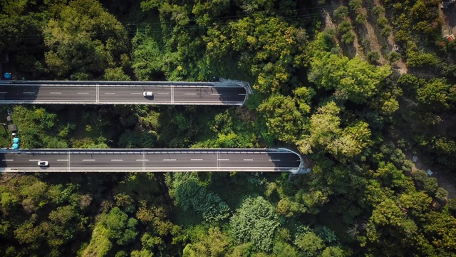 以上鸟瞰图，公路在大自然中绿树成荫视频素材