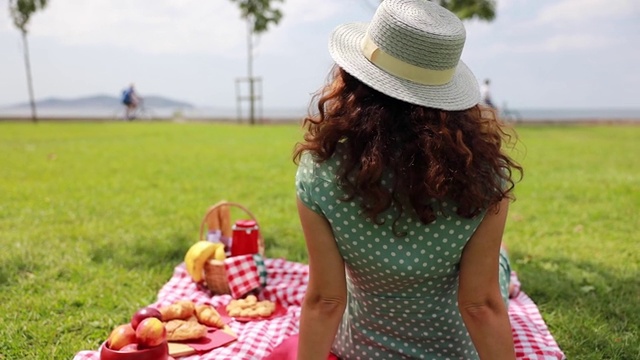 漂亮的年轻女子在野餐视频素材