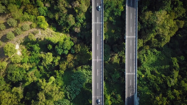 以上鸟瞰图，公路在大自然中绿树成荫视频素材