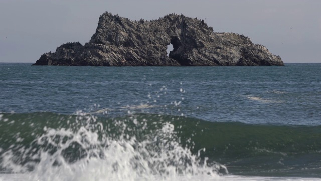 太平洋上美丽的岩石岛，海浪在海里哗哗作响视频素材