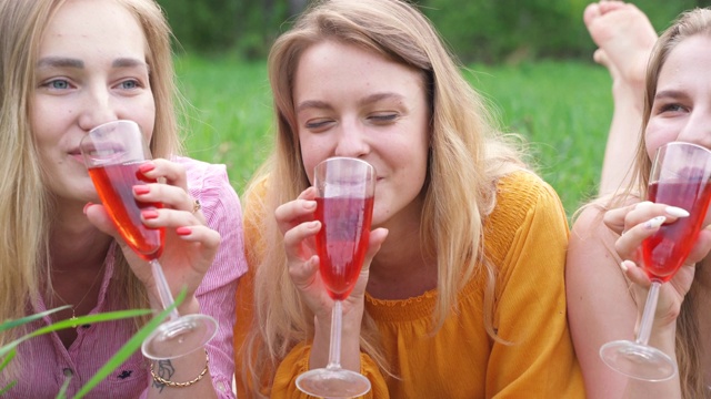 年轻女子喝葡萄酒夏季户外派对。女孩们在乡村公园的草地上享受野餐。快乐朋友庆祝节日休闲。女性的友谊。学生的假期。酒精饮料。视频素材