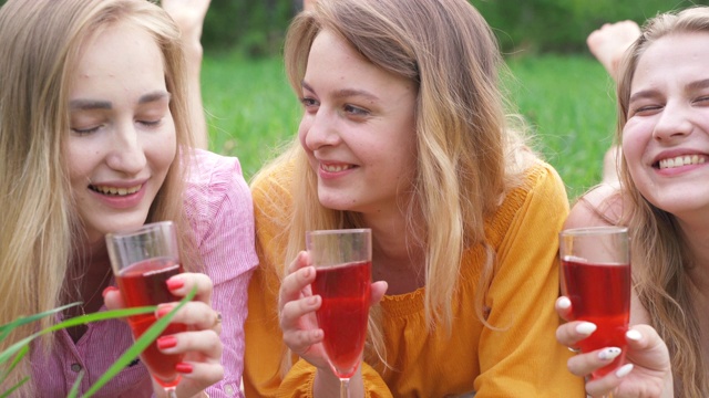 年轻女子喝葡萄酒夏季户外派对。女孩们在乡村公园的草地上享受野餐。快乐朋友庆祝节日休闲。女性的友谊。学生的假期。酒精饮料。视频素材