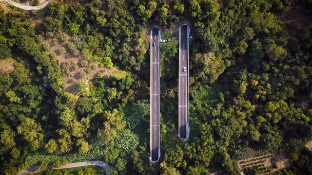 以上鸟瞰图，公路在大自然中绿树成荫视频素材