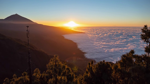 空中背景白天到晚上的时间推移特写日落云层覆盖附近泰德火山，特内里费，加那利群岛，西班牙。视频素材