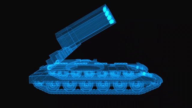 坦克火箭发射器线框图。3d渲染与蓝色网格线。循环旋转的黑色背景。视频素材