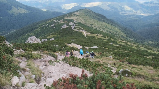 一群背着徒步背包的游客下山。后视图视频素材