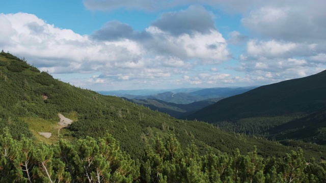 在天空中有针叶林和积云的山脉全景视频素材