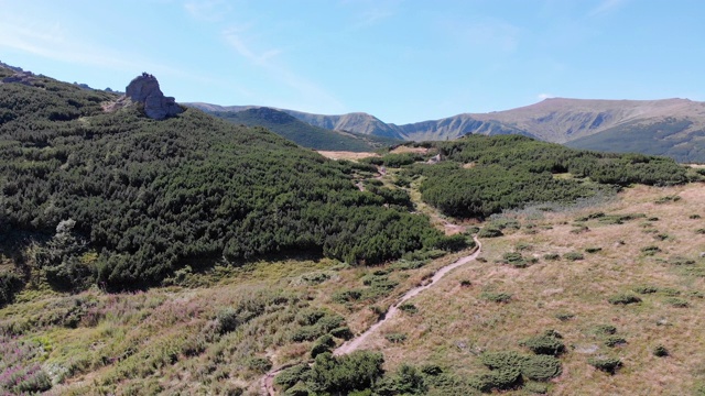 空中全景的绿色山脉和丘陵在喀尔巴阡山谷视频素材