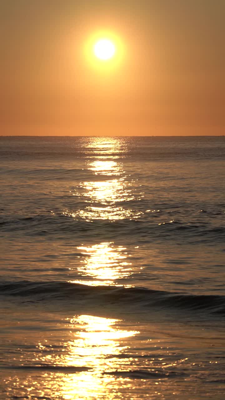 美丽的日出在太平洋上，美丽的太阳反射在海浪。天然火山砂的黑色海滩。垂直格式视频视频素材