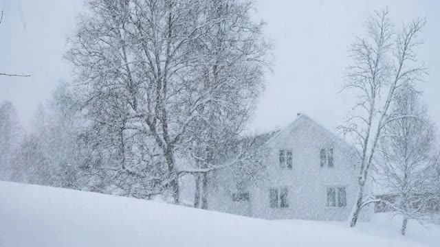 挪威乡村的冬季景观与经典的木屋在大雪期间视频素材