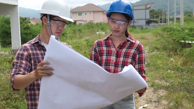 年轻的亚洲夫妇工头工程家庭检查建筑房子回家检查与看，并指出施工检查建筑家在工作现场给客户以新的常态视频素材