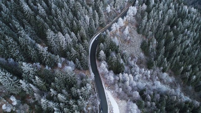 弯弯曲曲的道路上有汽车行驶在白雪皑皑的树上。雾山森林与冰霜覆盖的树木在冬季无人机飞行建立。视频素材