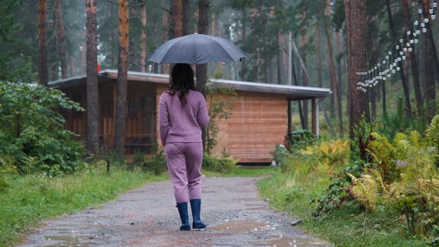 带着雨伞在秋雨中行走的女性视频素材